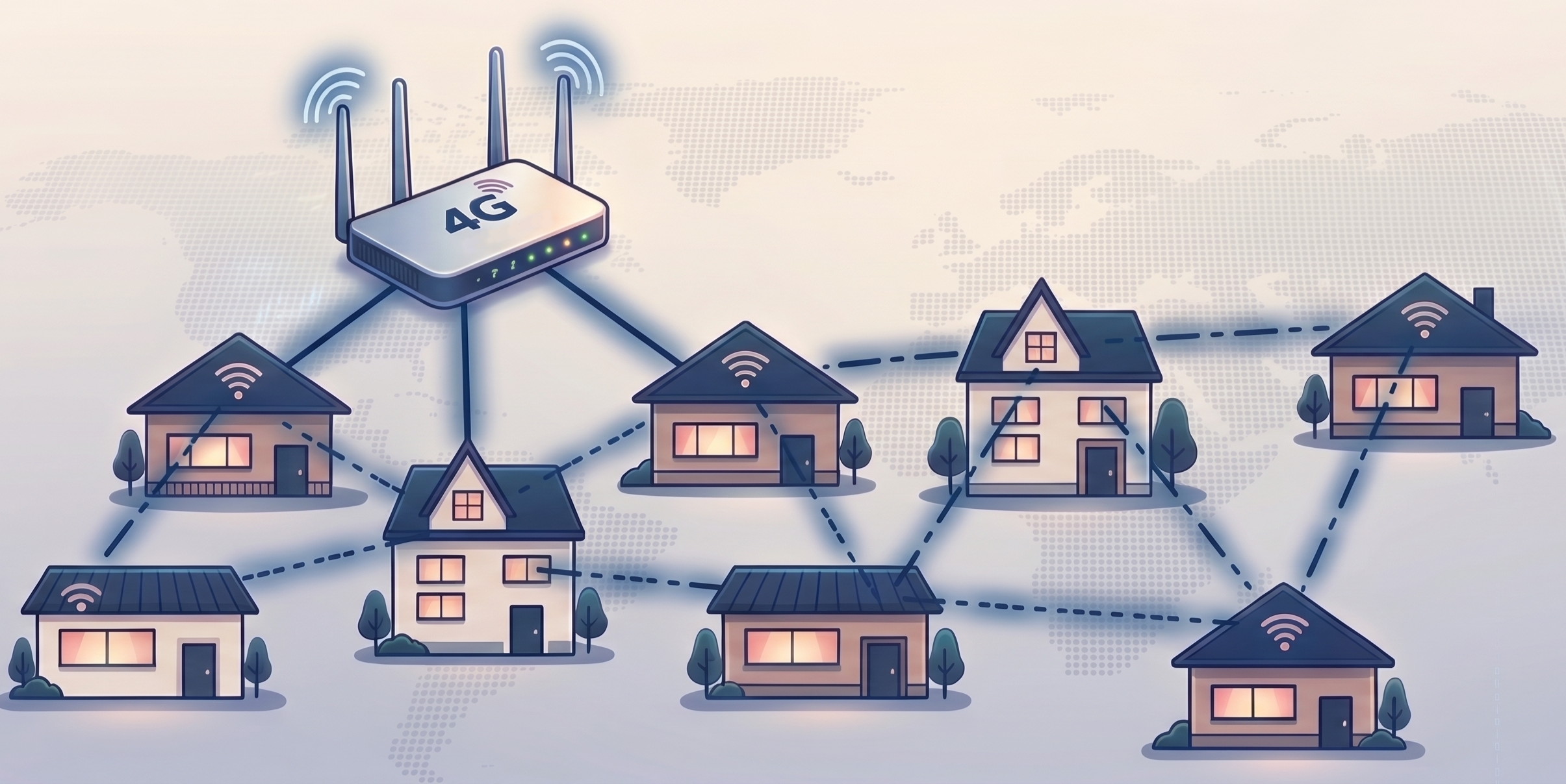 Esquema de red mesh: un concentrador 4G enlazado con medidores domiciliarios que se comunican entre sí